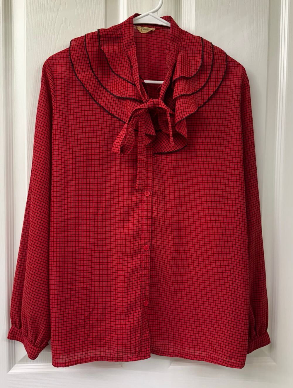 Yaohan Vintage red blouse ruffle black thin strips large long sleeves button